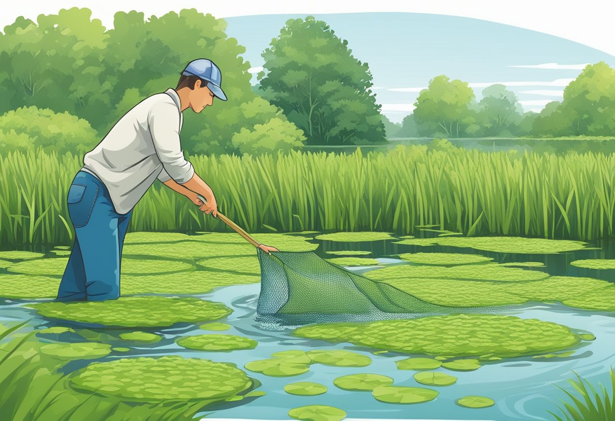 A person uses a skimming net to physically remove duckweed from the surface of a pond