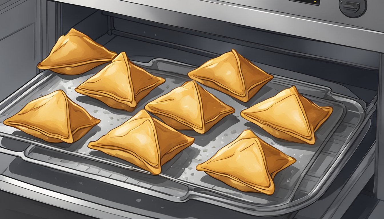 A plate of gluten-free samosas being heated in an oven, steam rising from the golden, crispy crust as the filling warms inside