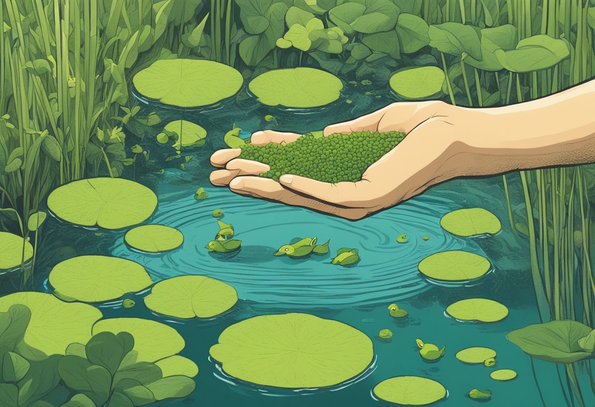 A hand reaching into a pond, pulling out masses of duckweed