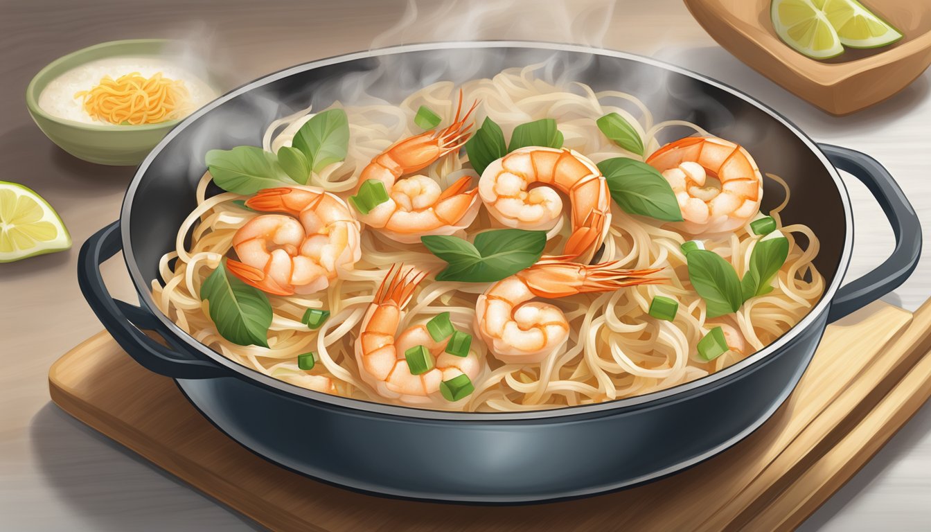 A steaming plate of gluten-free shrimp pad thai being gently reheated on a stovetop