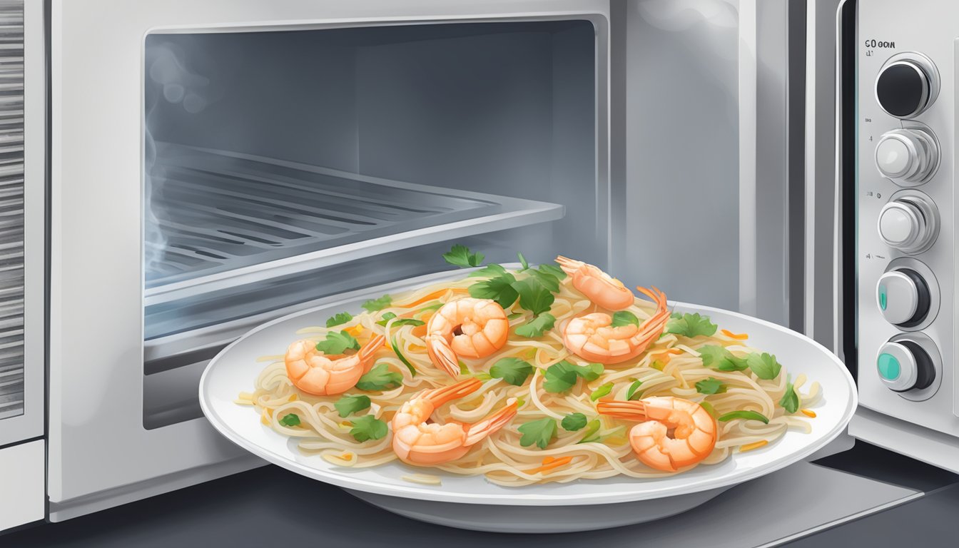 A steaming plate of gluten-free shrimp pad thai being reheated in a microwave