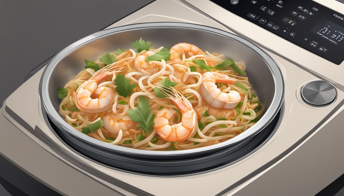 A plate of gluten-free shrimp pad thai sits in the microwave, rotating on the turntable as it reheats. The steam rises from the dish, carrying the aroma of the flavorful dish