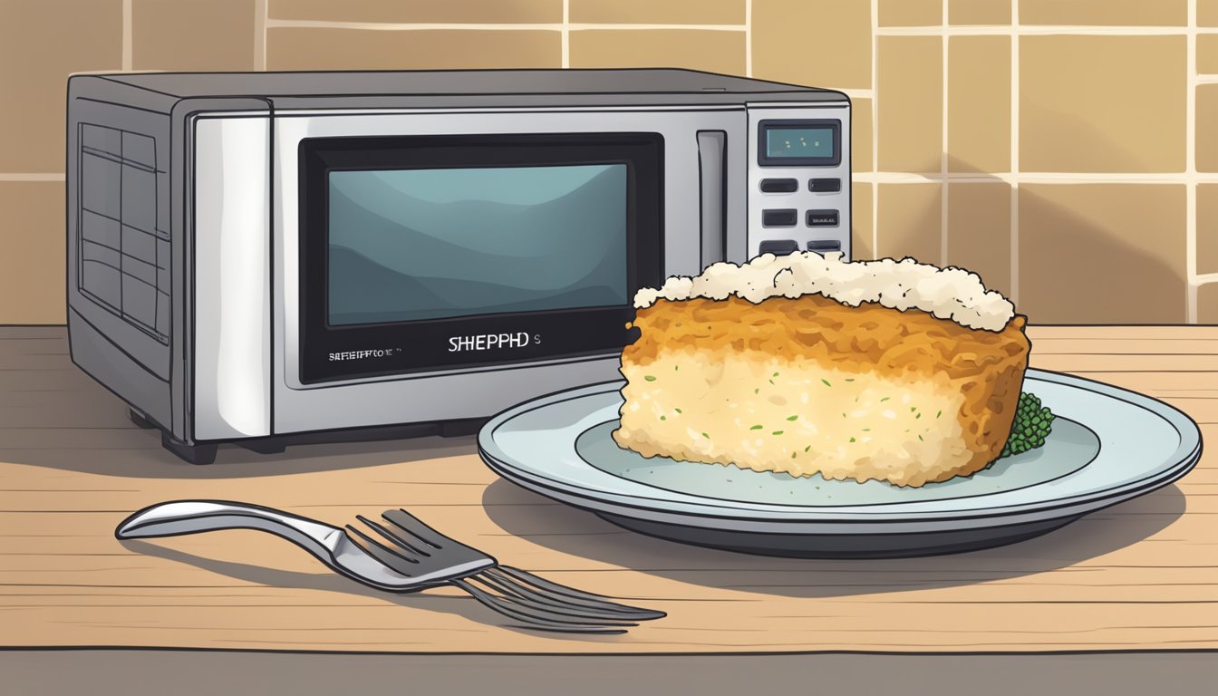 A microwave with a plate of gluten-free shepherd's pie inside, a fork next to it, and steam rising from the pie