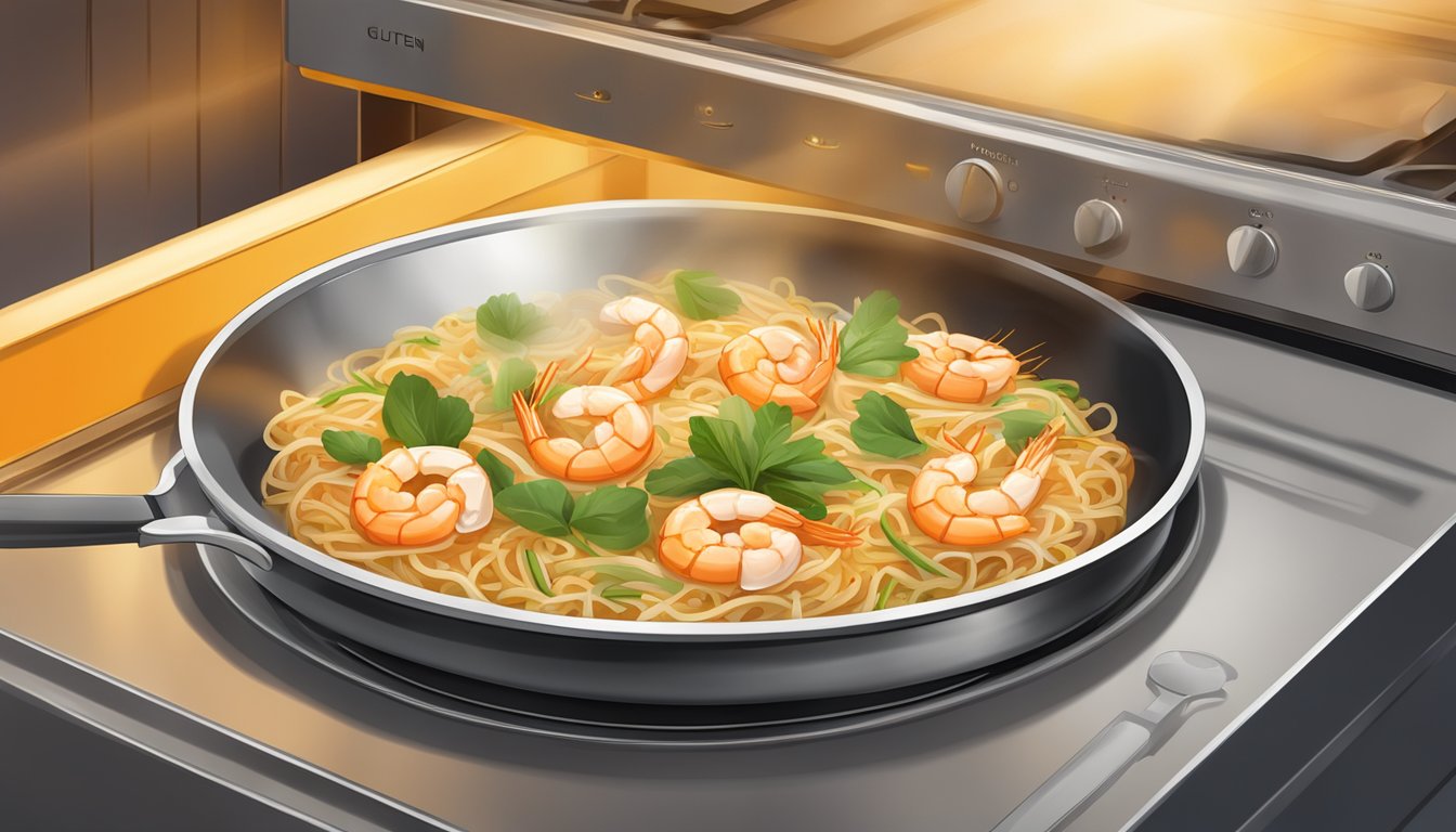 A steaming plate of gluten-free shrimp pad thai sits in a preheated oven, surrounded by the warm glow of the appliance