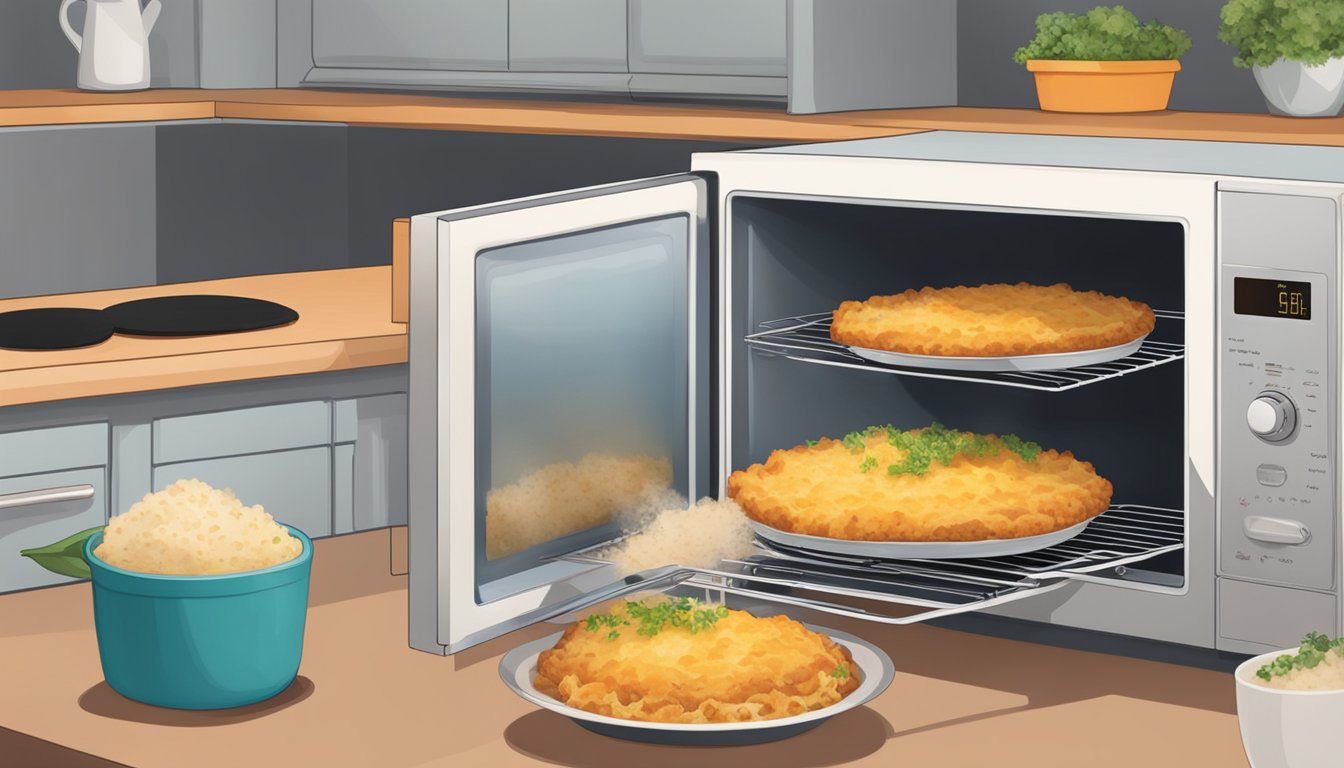 A microwave and oven side by side, with a steaming gluten free shepherd's pie being removed from each