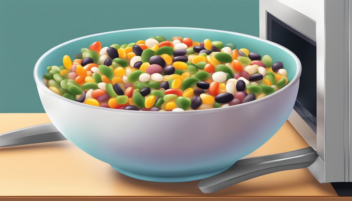 A colorful bowl of three bean salad being reheated in a microwave