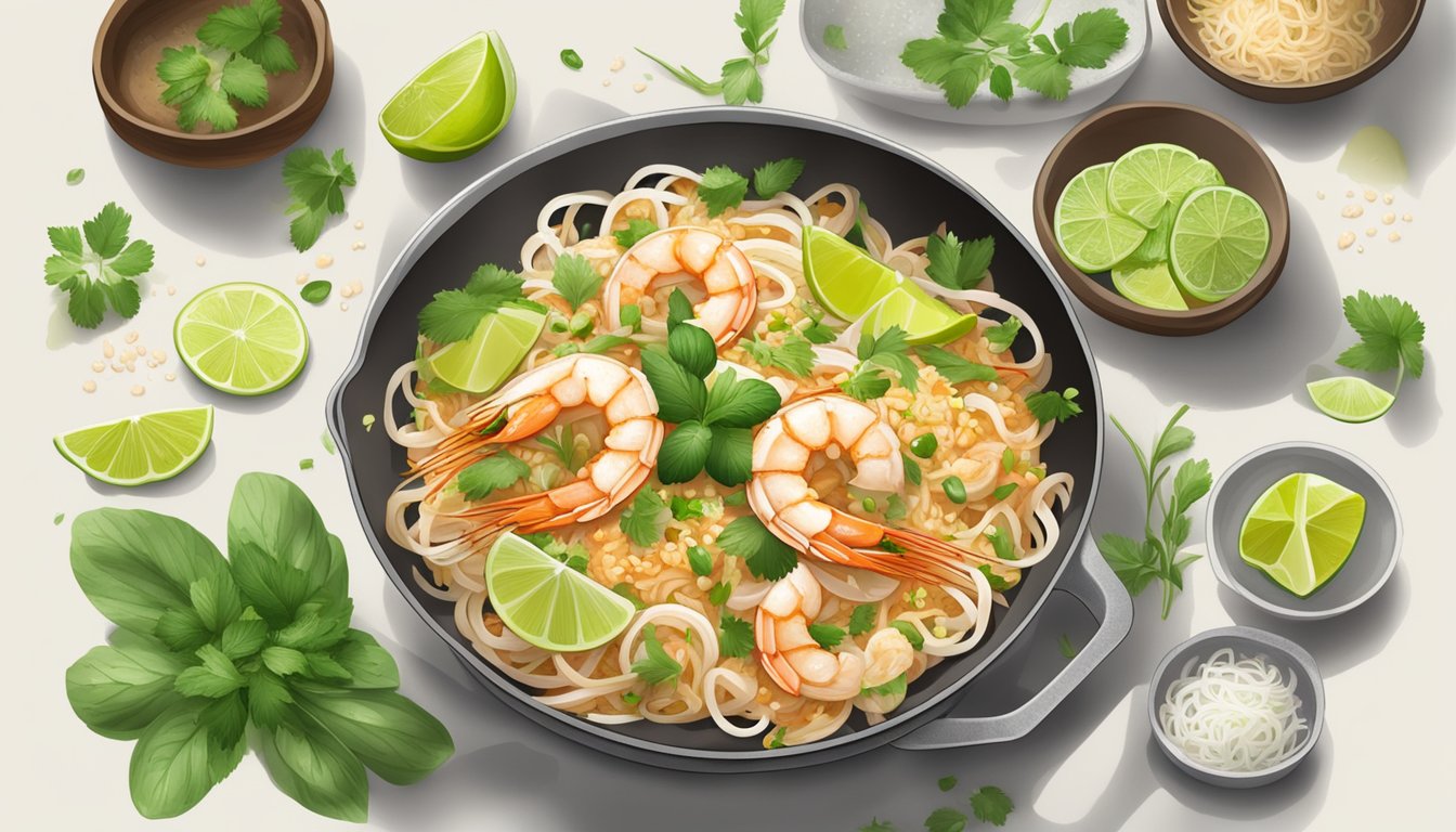 A steaming plate of gluten-free shrimp pad thai being gently reheated in a pan, with a sprinkle of fresh herbs and a squeeze of lime for the finishing touch