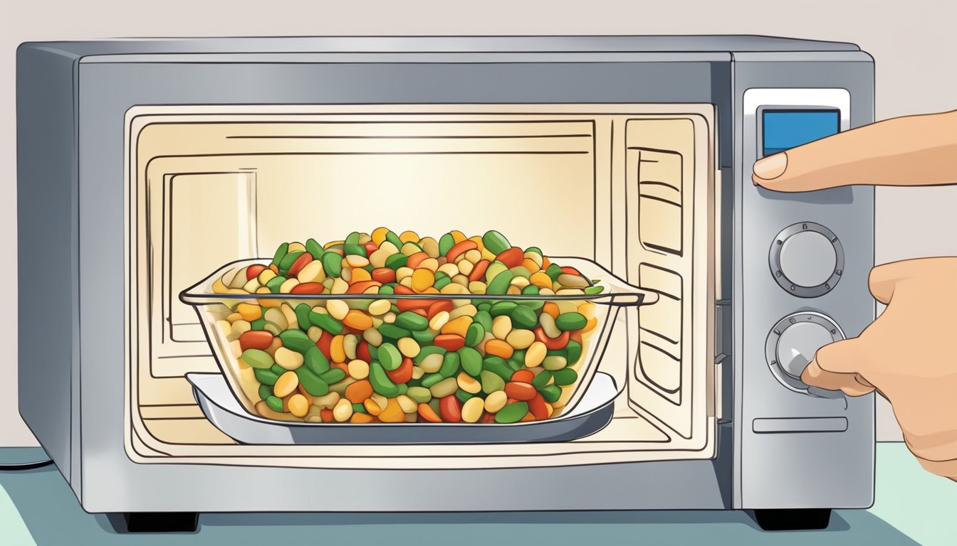 A person reheating gluten free three bean salad in a microwave