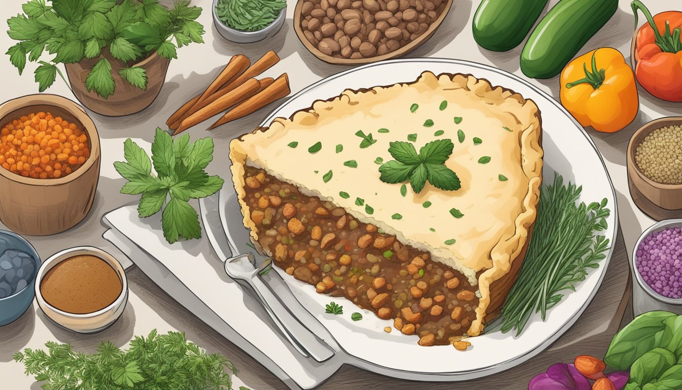 A steaming gluten-free shepherd's pie sits on a plate, surrounded by a colorful array of fresh herbs and spices