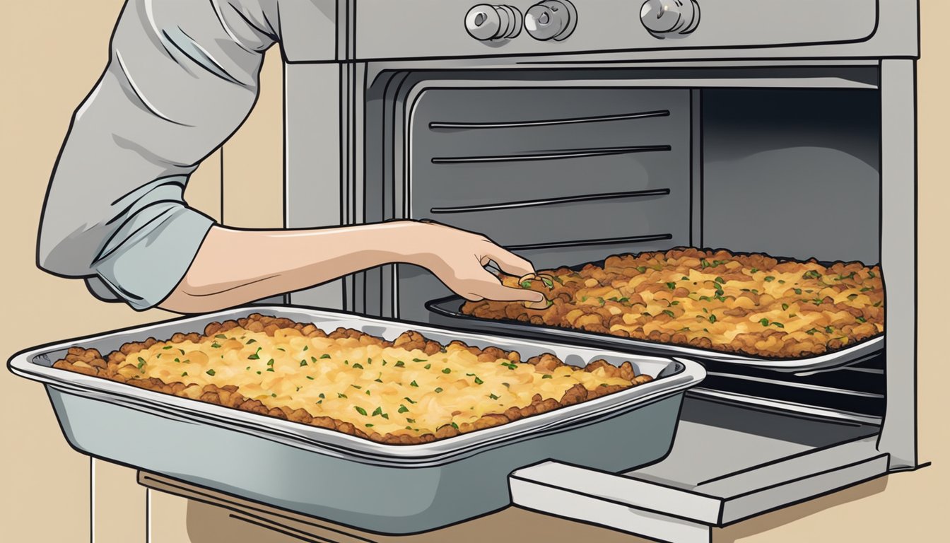 A person placing a covered dish of shepherd's pie in the oven