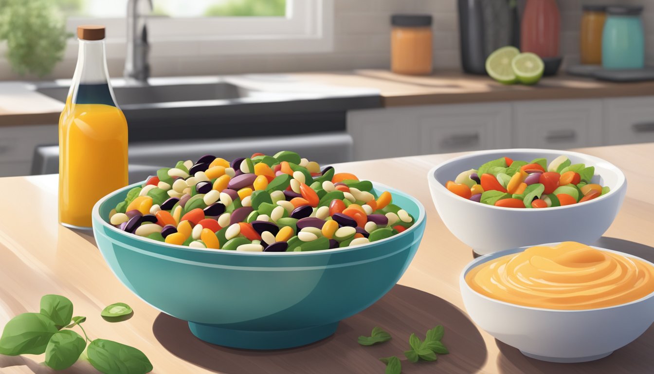 A colorful bowl of three bean salad sits on a kitchen counter next to a bottle of homemade gluten-free dressing. A microwave is in the background