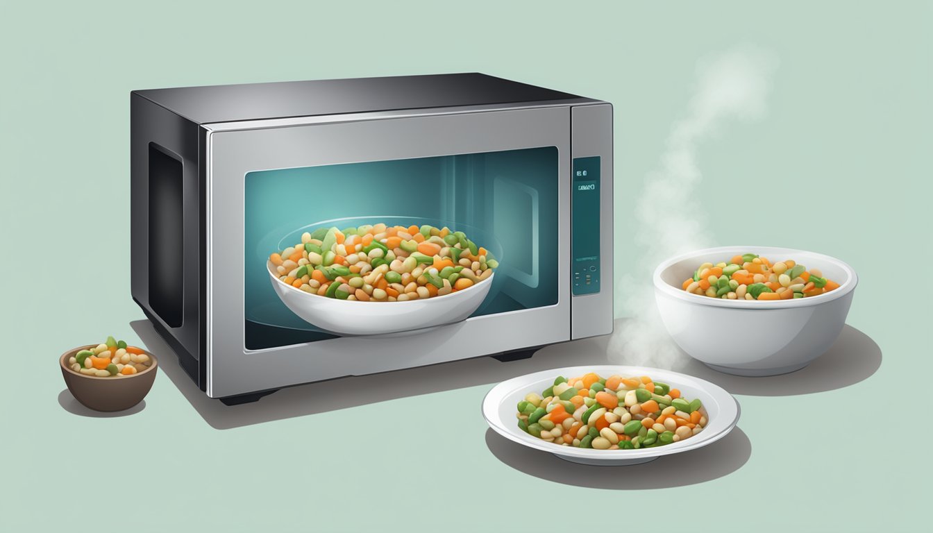 A microwave with a bowl of three bean salad inside, steam rising