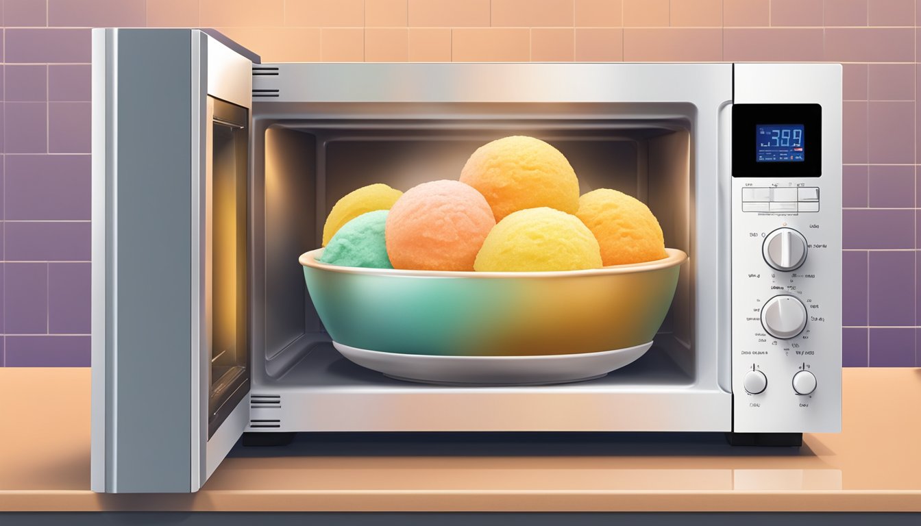 A bowl of gluten-free sorbet being gently warmed in a microwave