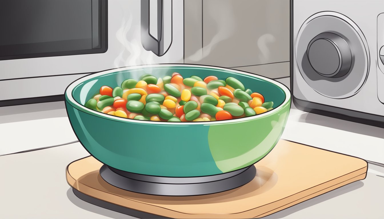 A colorful bowl of gluten-free three bean salad being reheated in a microwave, with steam rising from the dish