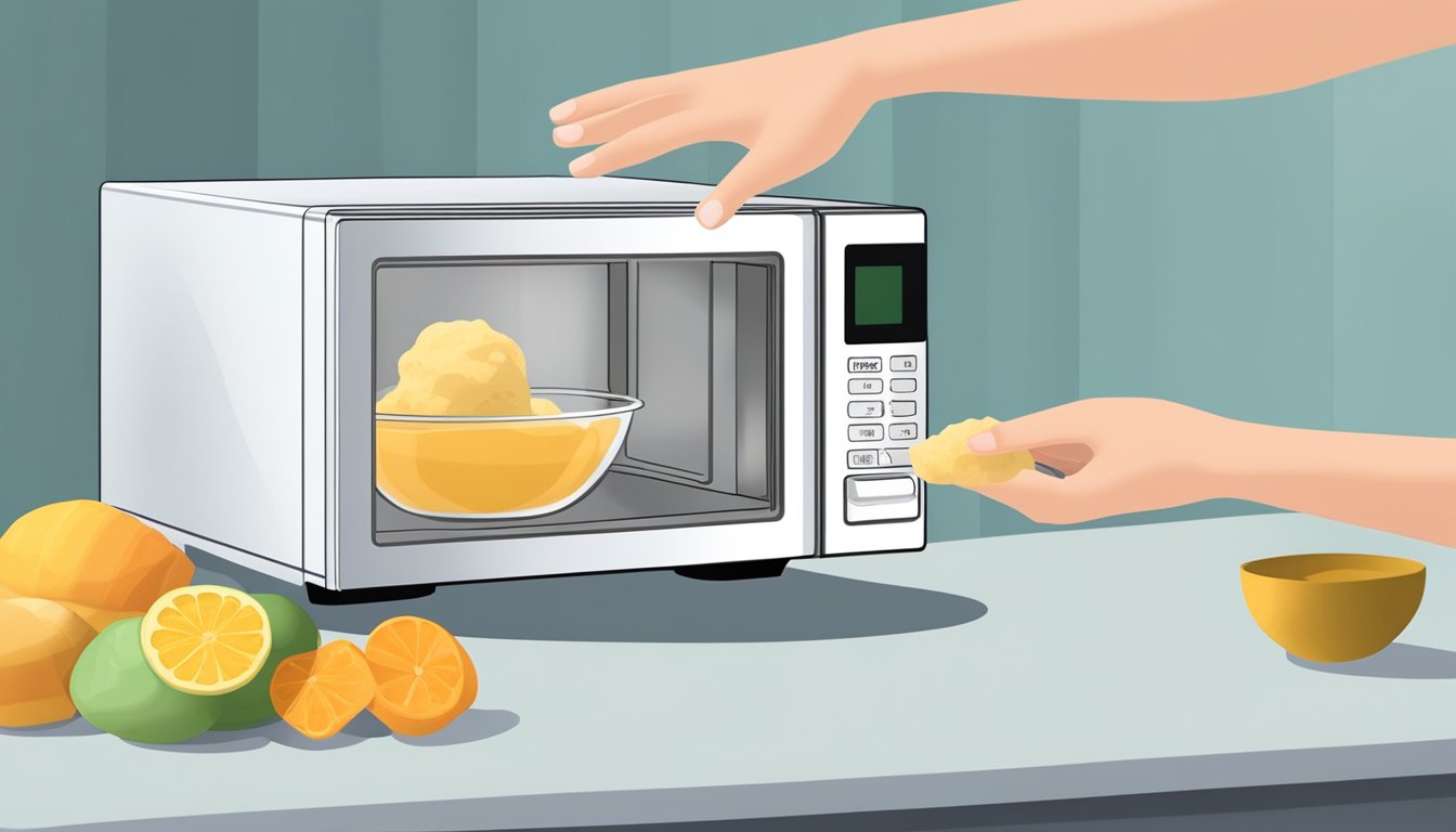 A hand reaches for a container of gluten-free sorbet, placing it in a microwave. The digital display shows the timer counting down