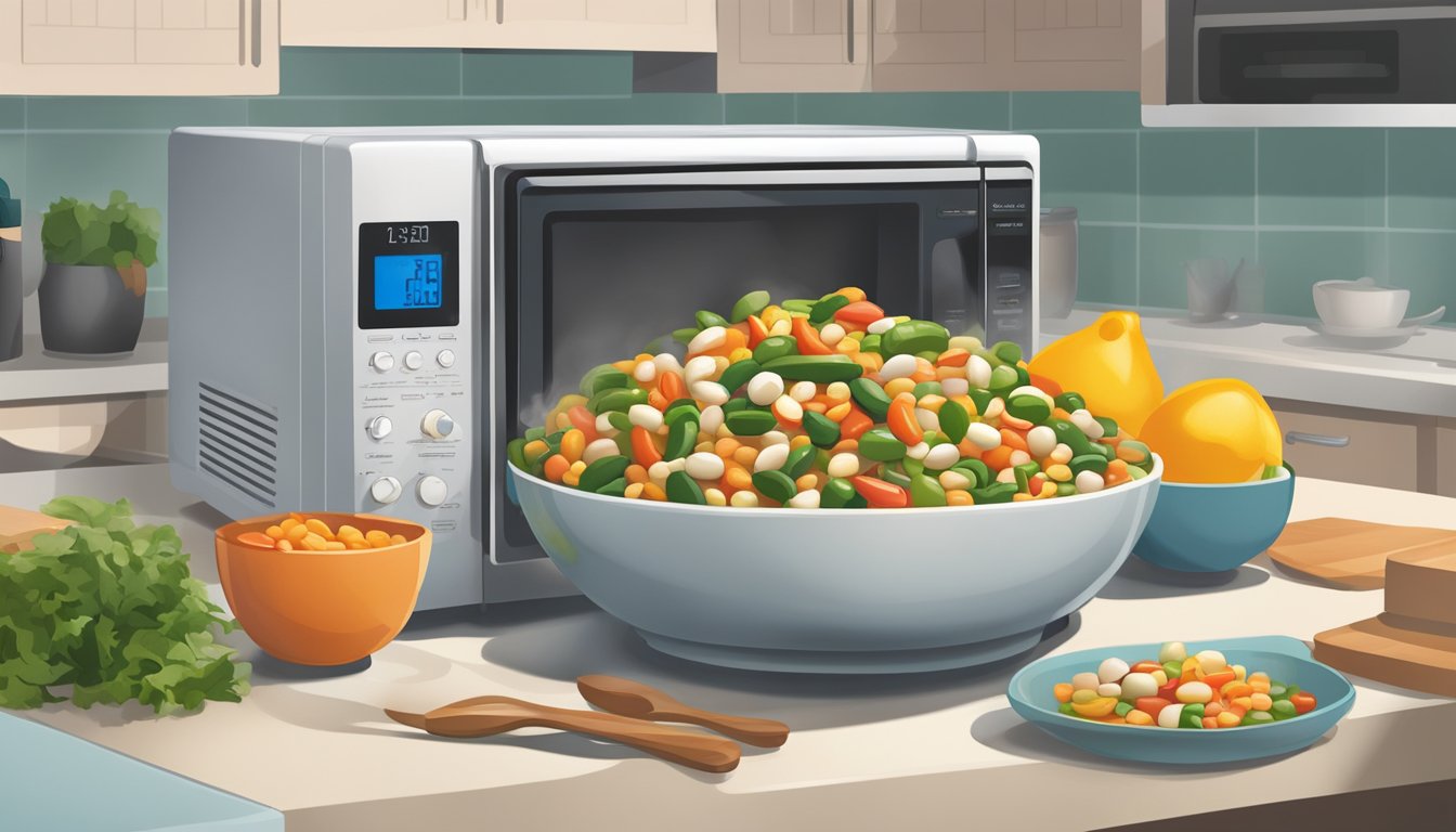 A colorful bowl of three bean salad sits on a kitchen counter next to a microwave. The steam rises from the dish as it is being reheated