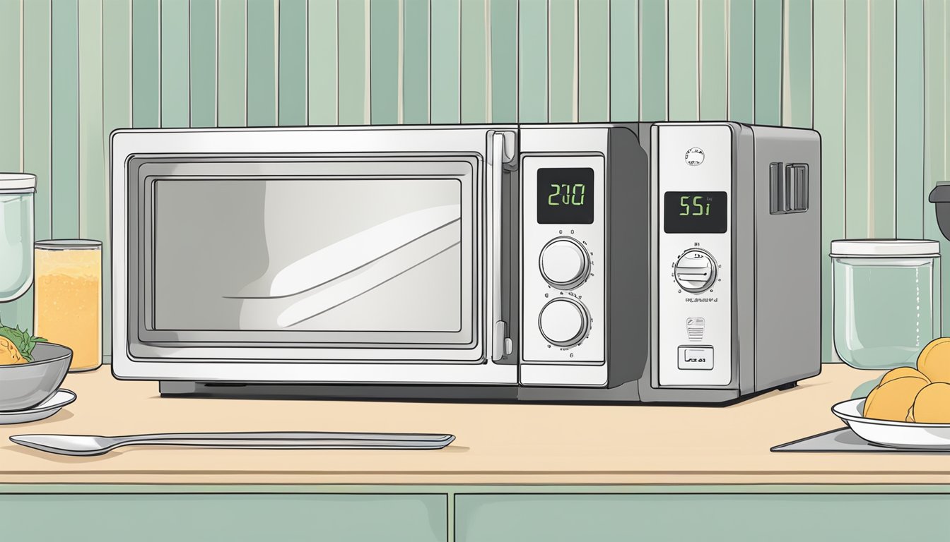 A person placing a scoop of gluten free sorbet into a microwave-safe bowl and setting the timer for a gentle reheat