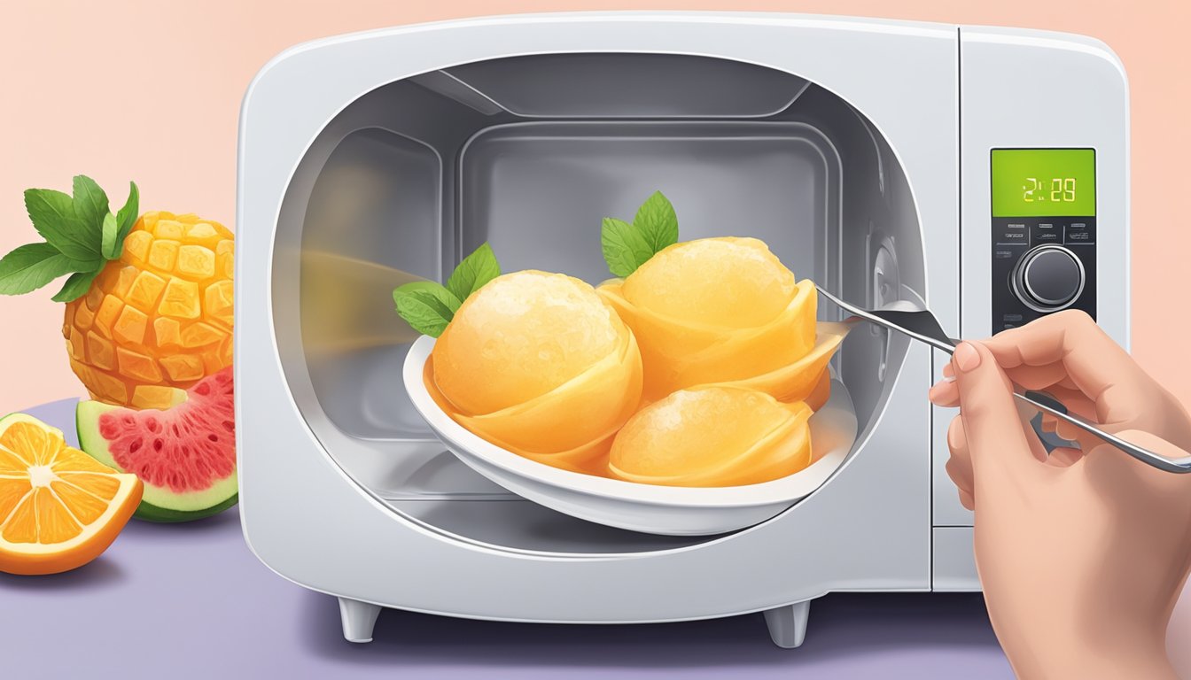 A person places a scoop of sorbet in a microwave-safe dish and heats it for 10 seconds, then garnishes it with fresh fruit before enjoying