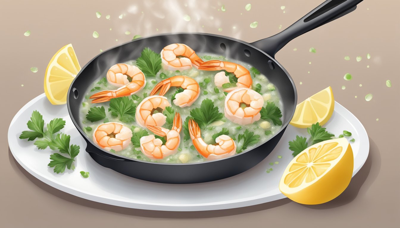 A steaming plate of gluten-free shrimp scampi being gently reheated in a skillet, with the aroma of garlic and butter filling the air