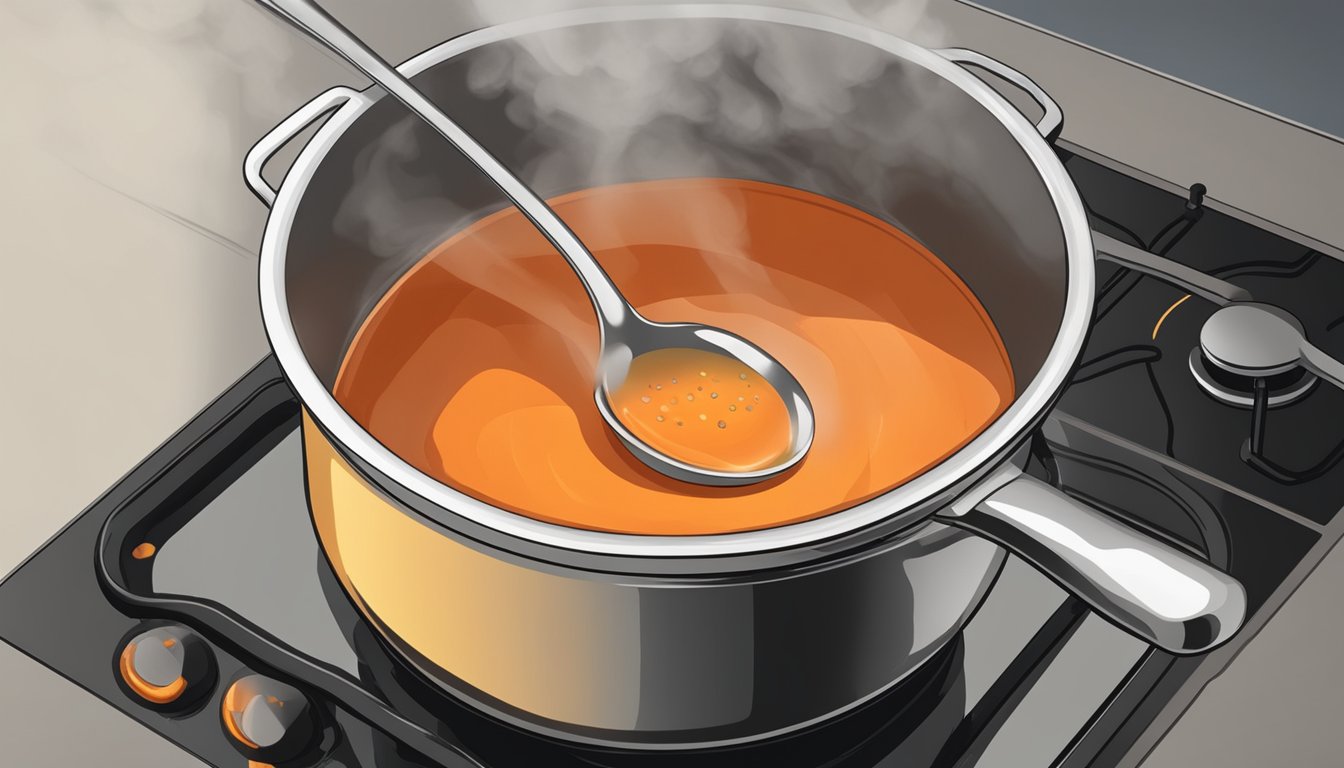 A pot of gluten free tomato soup on a stovetop, with steam rising from the surface. A ladle rests on the edge of the pot