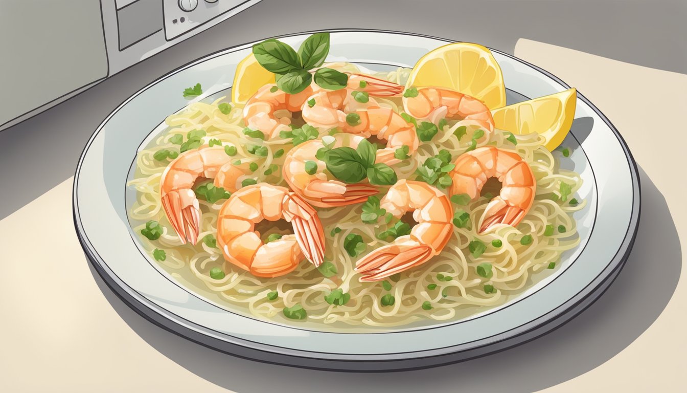 A plate of gluten-free shrimp scampi being reheated in a microwave, with steam rising and the aroma filling the kitchen