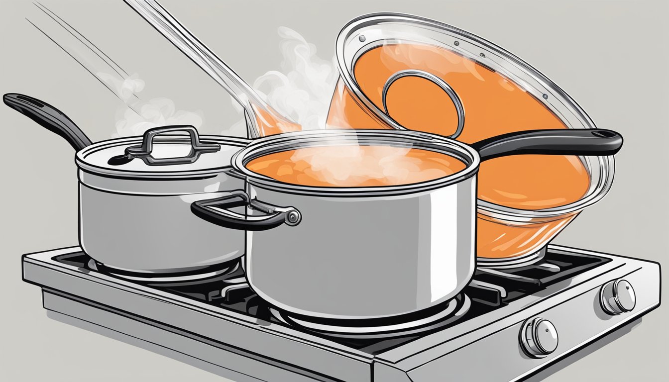 A pot of gluten-free tomato soup simmering on a stovetop, steam rising as a ladle hovers above, ready to serve