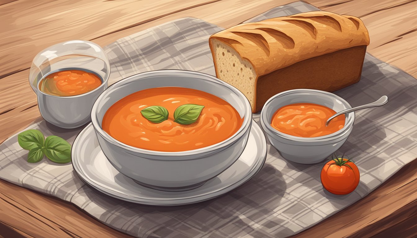 A steaming bowl of gluten free tomato soup sits beside a warm loaf of crusty gluten free bread on a rustic wooden table