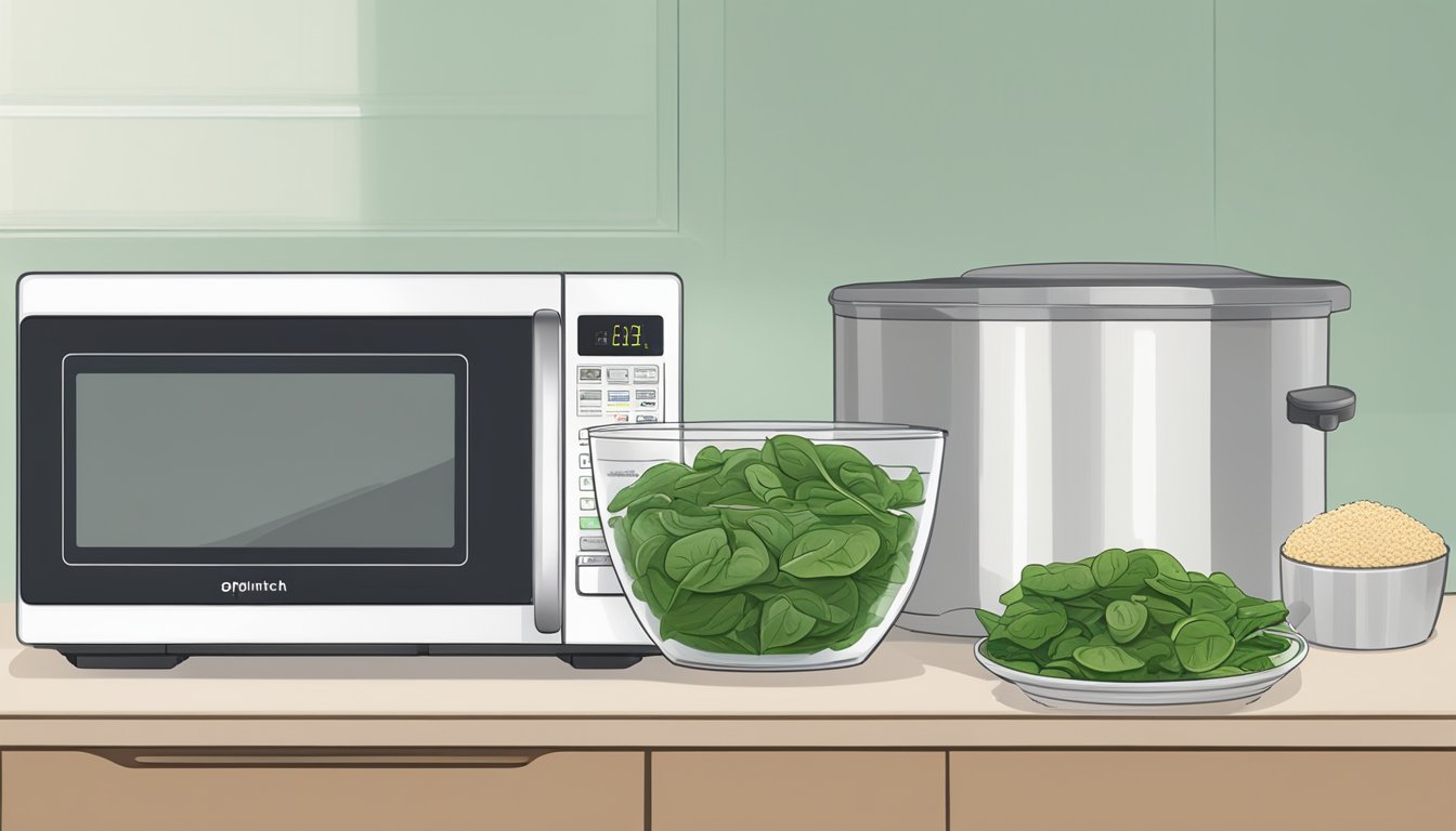 A bowl of gluten-free spinach sits next to a microwave with a cover for reheating. A labeled container of optimal storage solutions is nearby