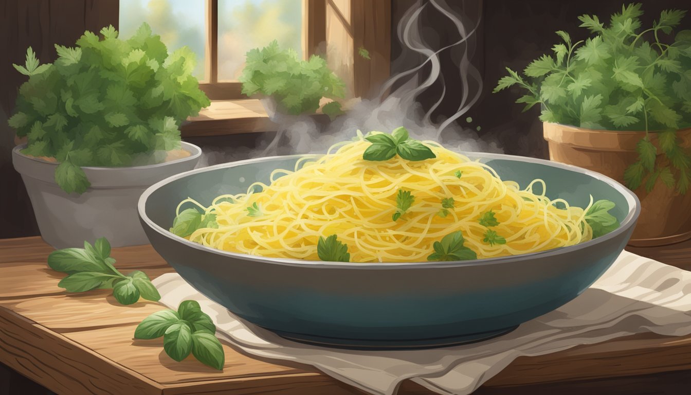 A steaming bowl of reheated spaghetti squash sits on a rustic wooden table, surrounded by fresh herbs and a sprinkle of parmesan cheese