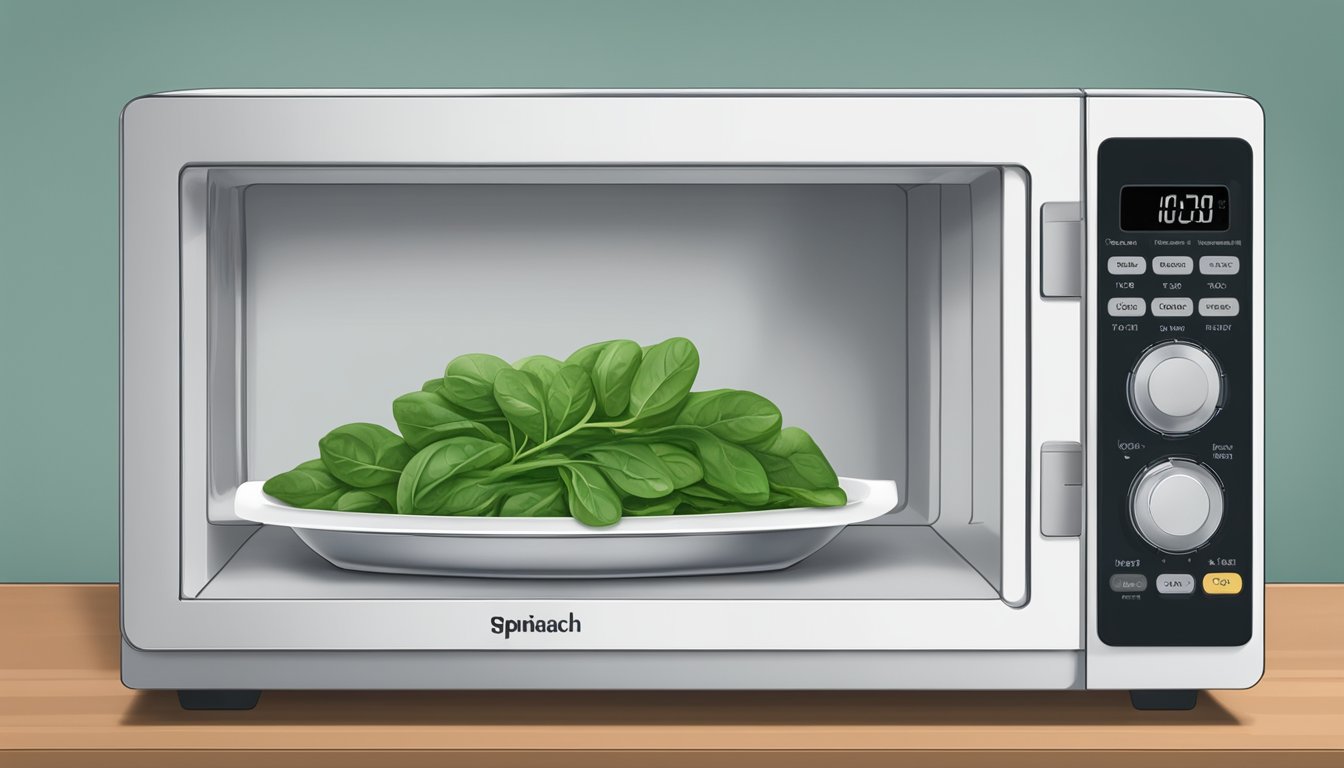 A microwave-safe dish holding a portion of gluten-free spinach, with a cover to retain moisture, placed inside a microwave