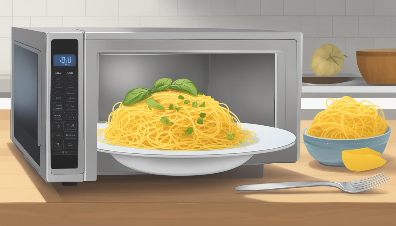 A microwave with a plate of gluten-free spaghetti squash inside, a fork next to it, and a timer set for reheating