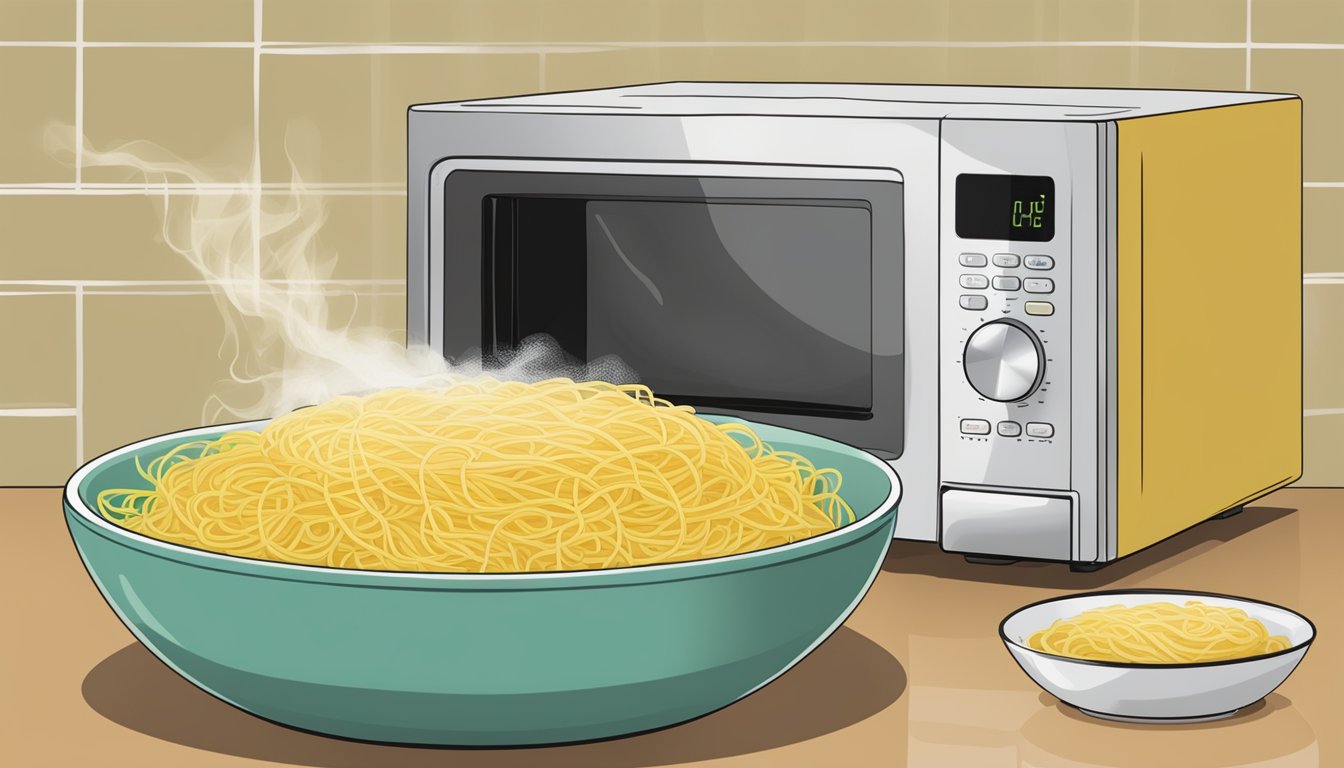 A microwave next to a bowl of gluten free spaghetti squash with steam rising from it