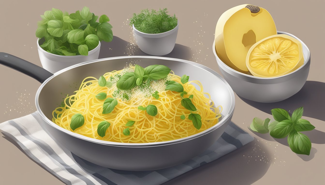 A steaming bowl of reheated gluten-free spaghetti squash with herbs and spices being sprinkled over it