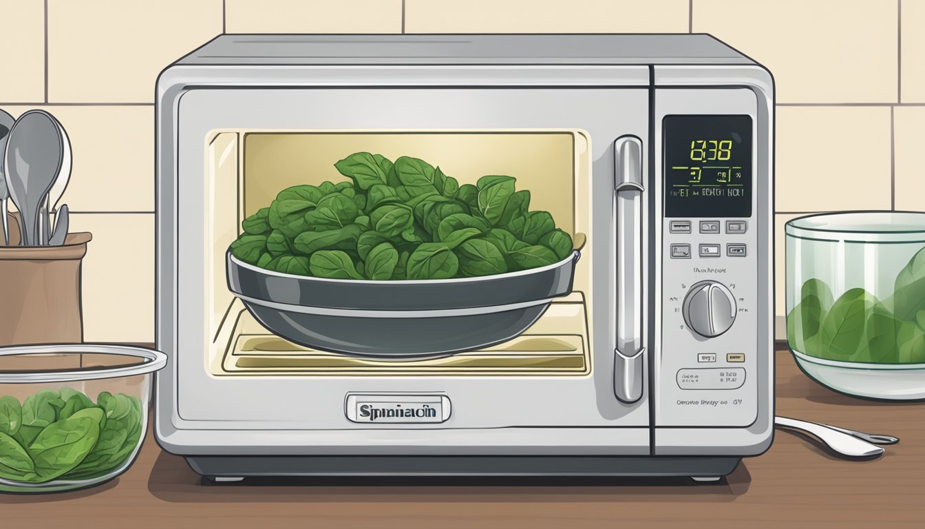 A microwave with a plate of gluten-free spinach inside, steam rising, a fork nearby