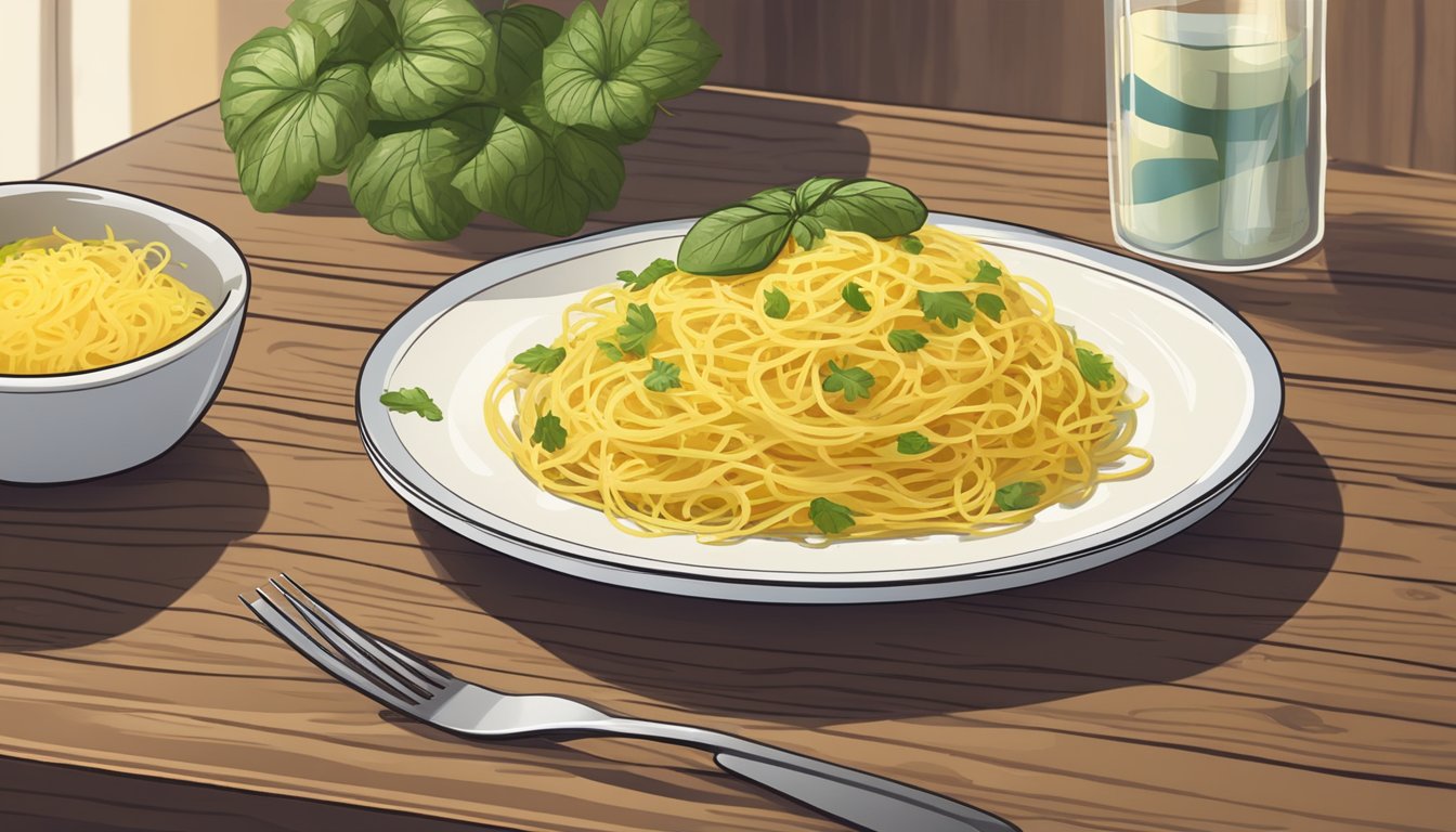 A plate of reheated gluten-free spaghetti squash with a fork beside it on a wooden table