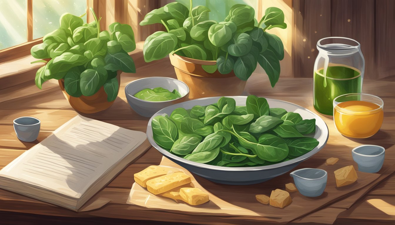 A steaming bowl of gluten-free spinach sits on a rustic wooden table, surrounded by fresh ingredients and recipe books. Sunlight streams in through a nearby window, casting a warm glow on the scene