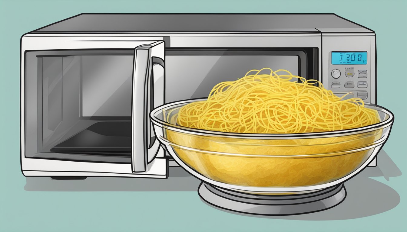 A steaming bowl of gluten-free spaghetti squash being reheated in a microwave