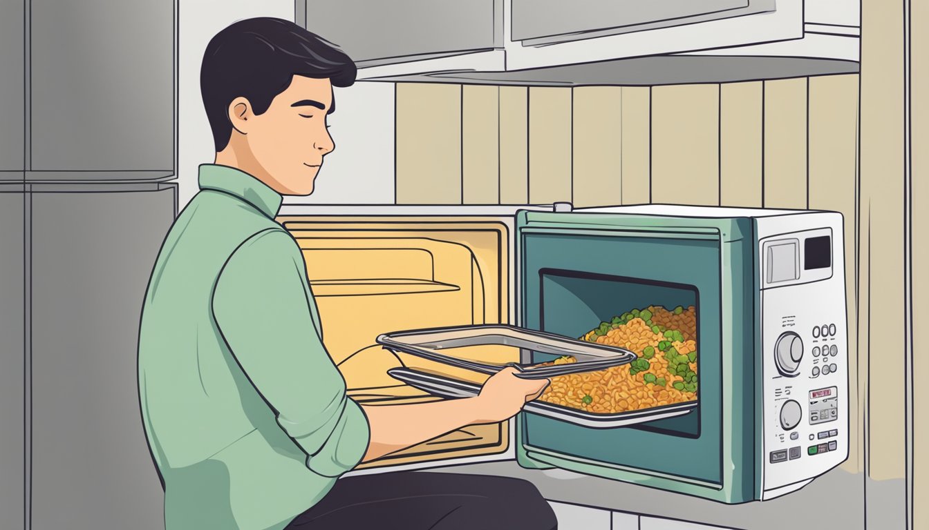 A person using a microwave to reheat a container of gluten-free vegetable biryani