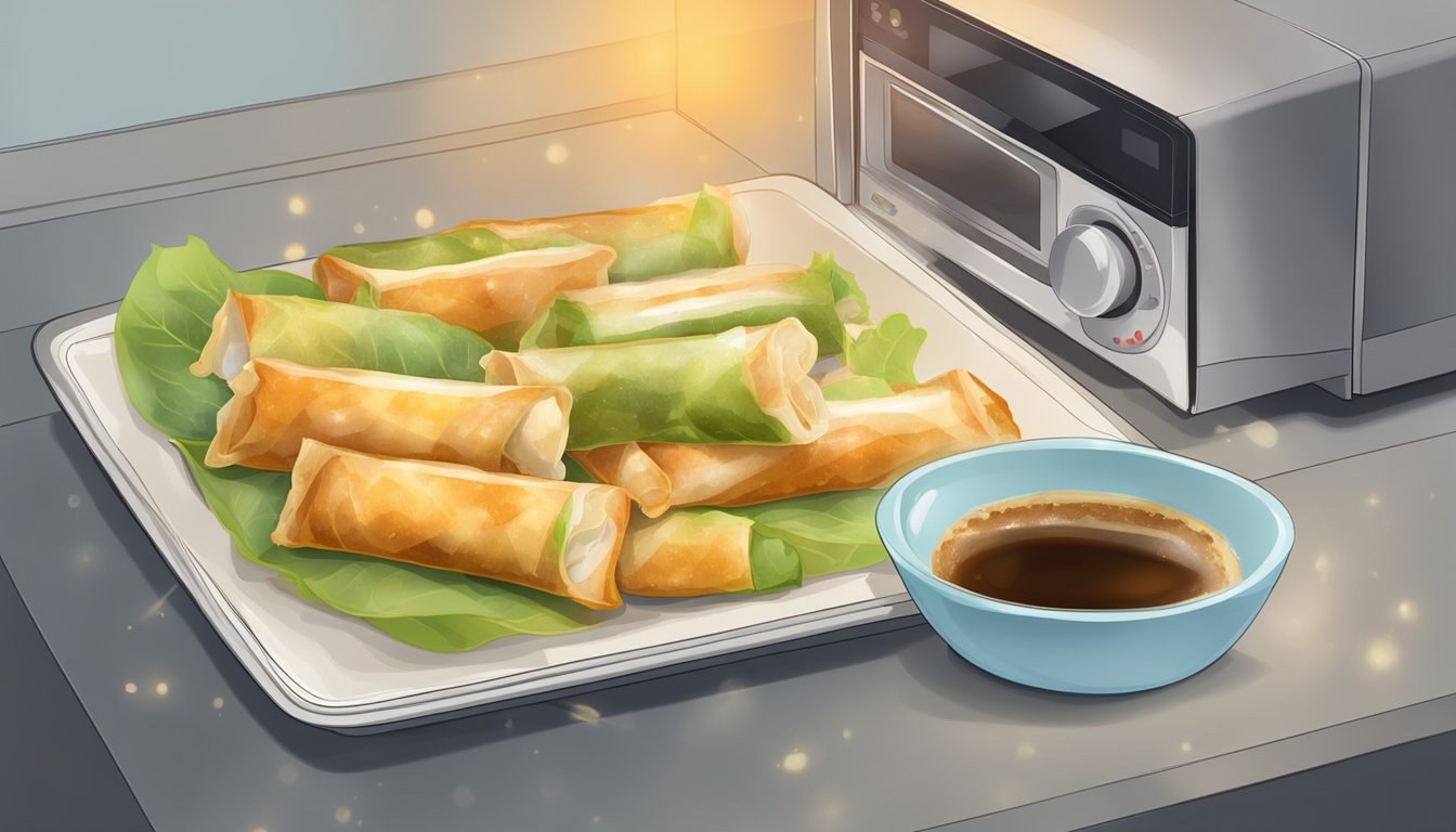 A plate of gluten-free spring rolls being reheated in a microwave