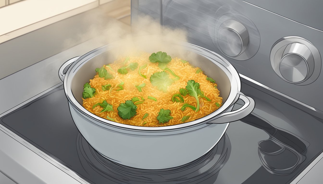 A steaming bowl of gluten-free vegetable biryani being reheated in a microwave. Steam rising from the fragrant dish