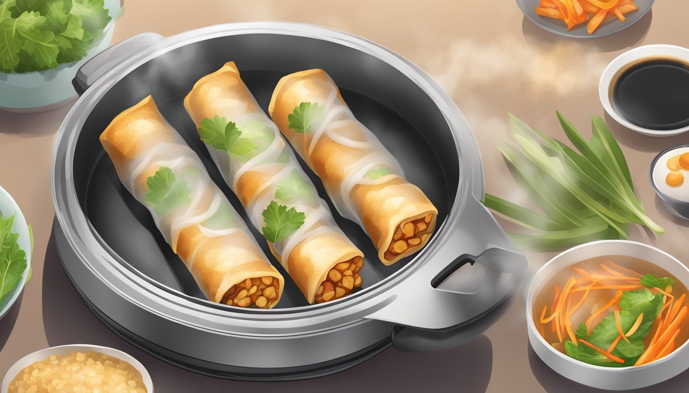 A plate of gluten free spring rolls being reheated in a non-stick pan over medium heat, with steam rising from the sizzling rolls