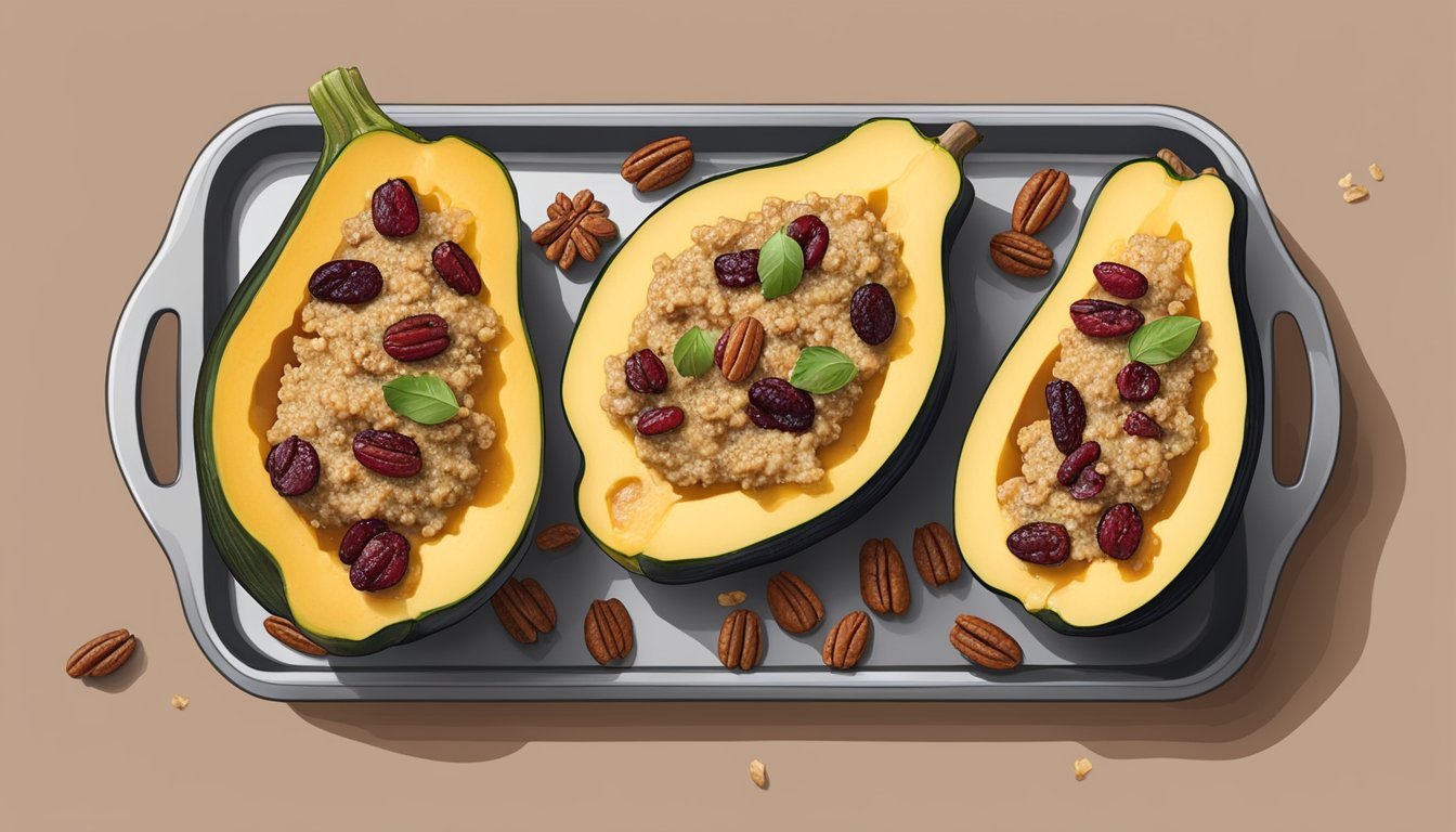 A halved acorn squash with quinoa, cranberries, and pecans, topped with melted cheese, on a baking sheet