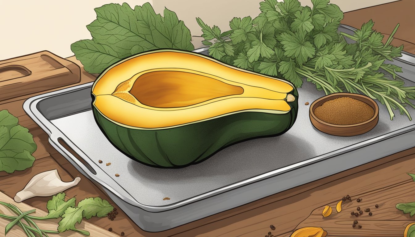 A halved acorn squash sits on a baking sheet, surrounded by herbs and spices. The oven is preheated and ready for reheating