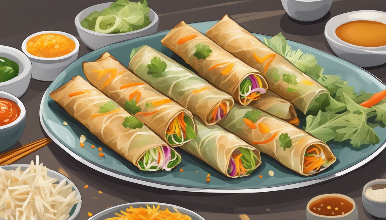 A plate of gluten-free spring rolls being reheated in the oven, surrounded by colorful garnishes and a drizzle of sauce for presentation