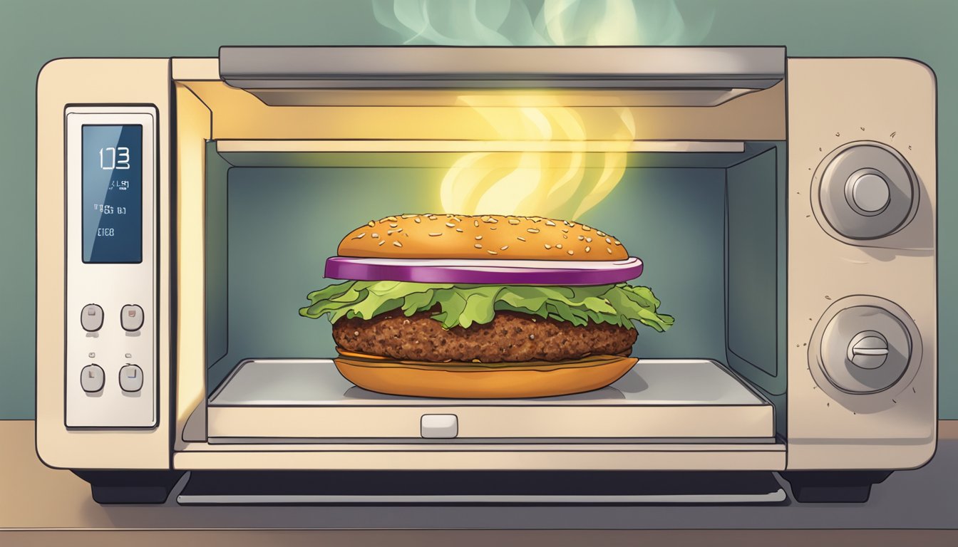 A plate of gluten-free veggie burgers being reheated in a microwave