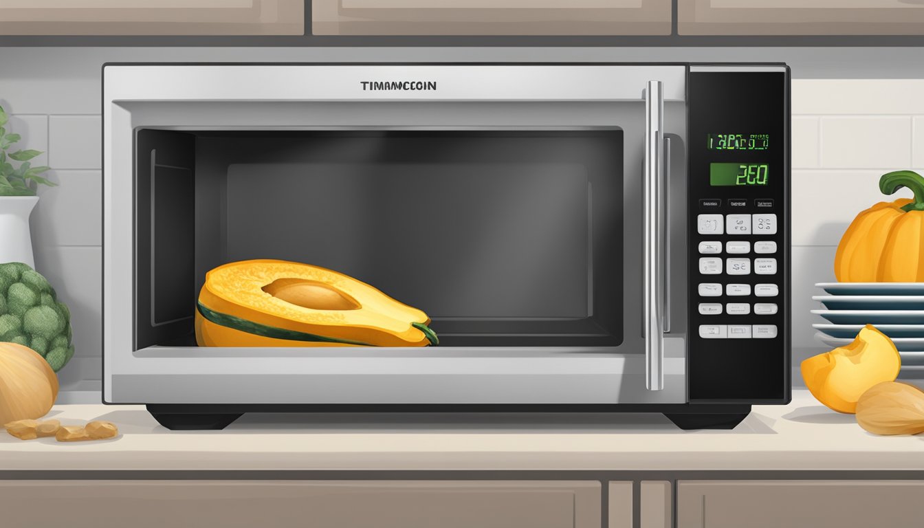 A plate of gluten-free stuffed acorn squash sits inside a microwave, with the microwave door closed and the timer set