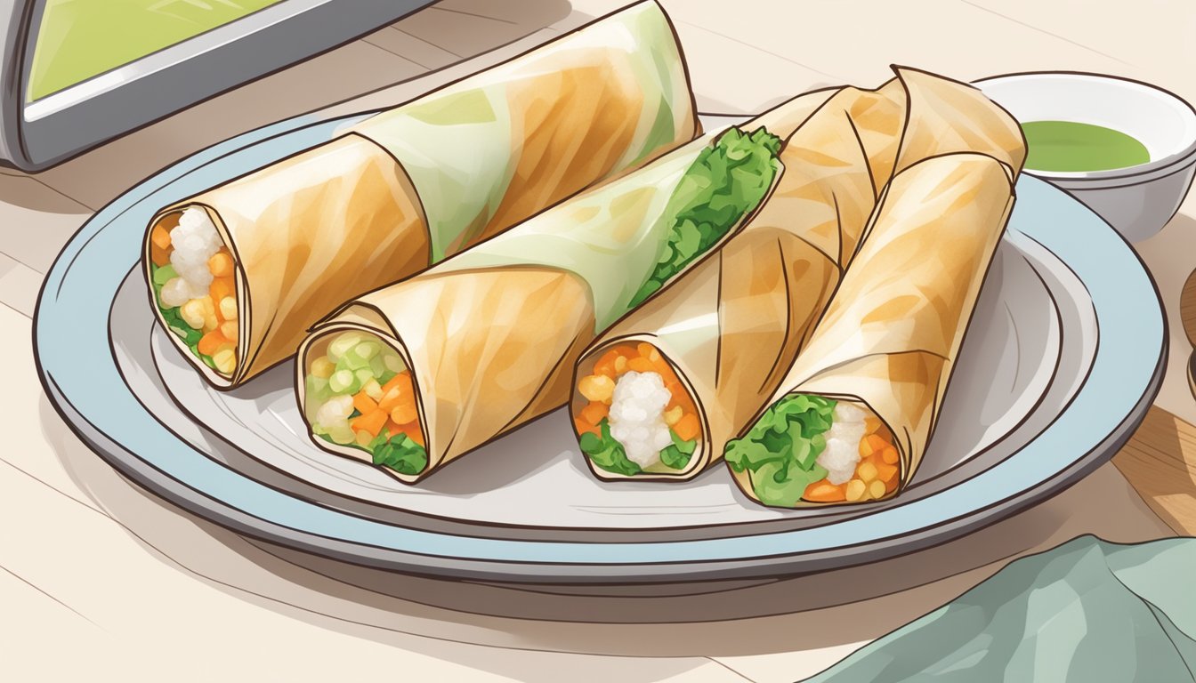 Gluten-free spring rolls being reheated in a microwave on a plate with a paper towel covering them