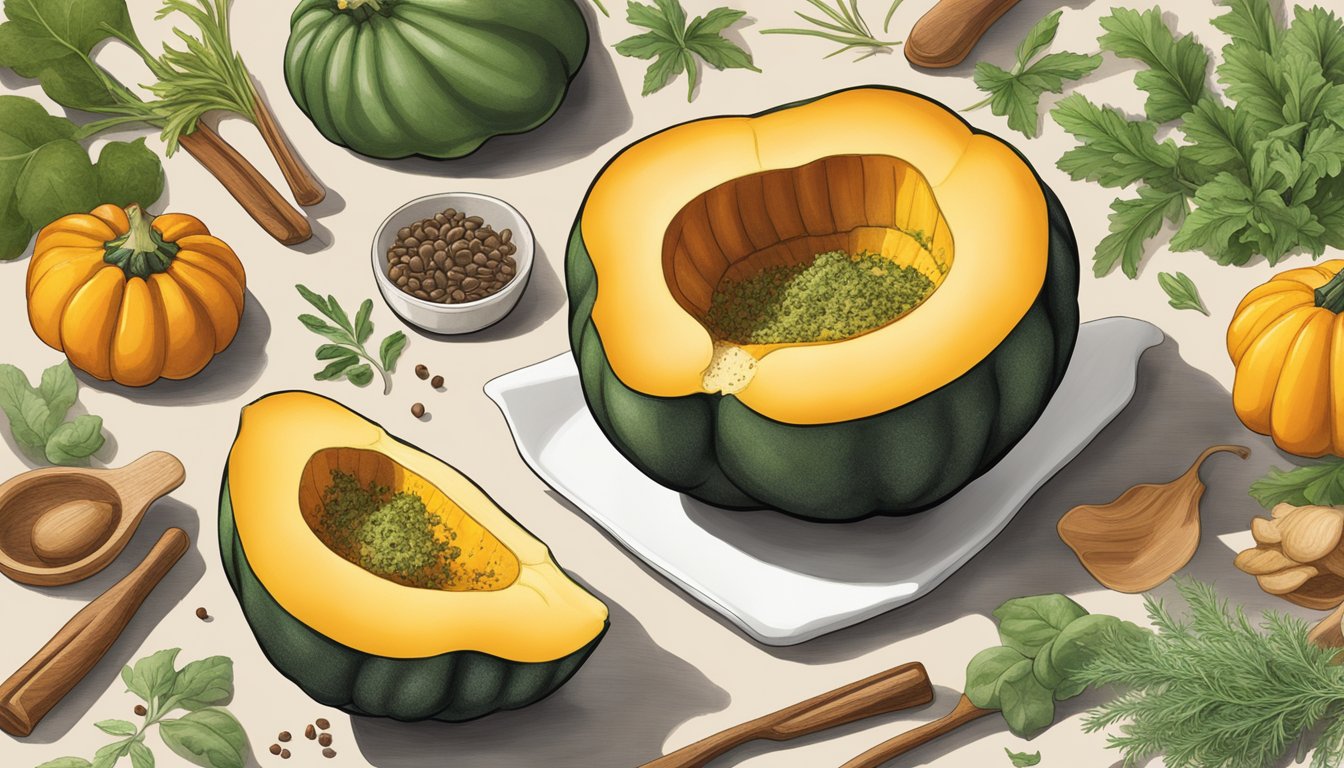 A steaming acorn squash sits on a bed of herbs and spices, surrounded by complementary ingredients and flavor enhancers