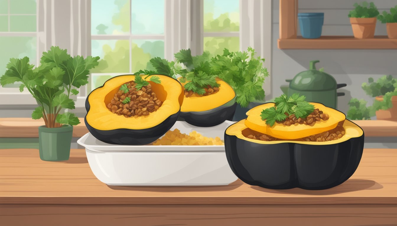 A microwave with a plate of reheated gluten-free stuffed acorn squash, garnished with fresh herbs, on a wooden table