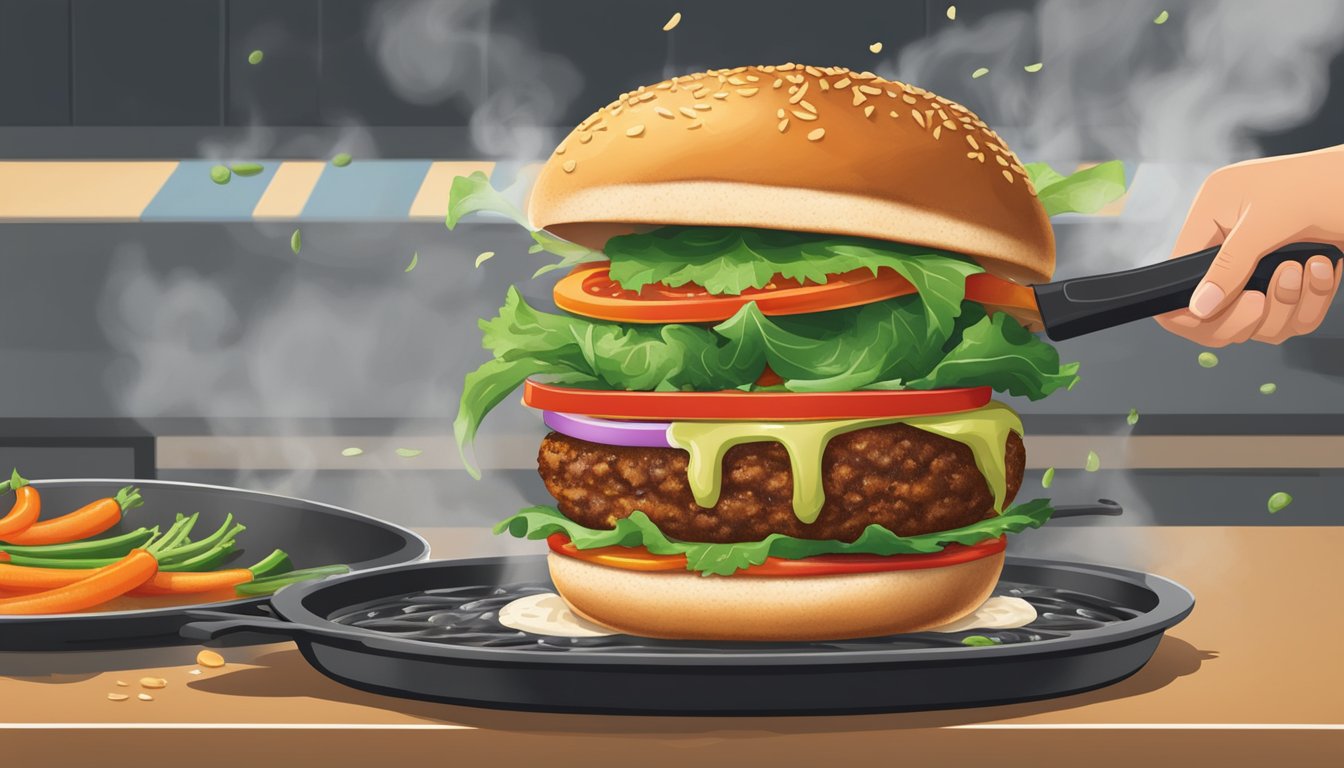 A gluten-free veggie burger sizzling on a hot skillet, steam rising as it heats up. A chef sprinkles seasoning over the burger, adding a final touch to enhance its flavor